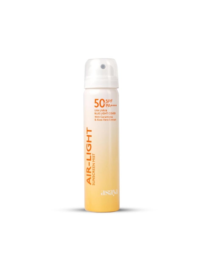 Asaya بخاخ واقي الشمس أسيا إير لايت بعامل حماية SPF 50 وPA++++، يحمي من أشعة UVA/UVB، غني بالسيراميدات وخلاصة الصبار | شفاف وغير دهني | واقي شمس سائل منعش ومرطب وسريع الامتصاص | لا يترك أي أثر أبيض | سهل إعادة التطبيق | خالي من الكحول | مناسب للبشرة الدهنية والجافة والمختلطة | للرجال والنساء | 75 مل - Image 1